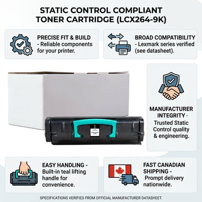 An e-commerce trust infographic for the Static Control LCX264-9K toner cartridge, highlighting quality, compatibility, easy handling, and fast Canadian shipping.
