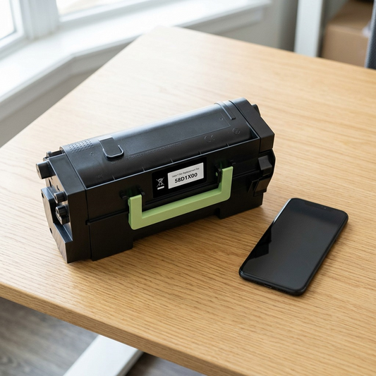 Scale comparison of the Static Control Lexmark-58D1X00 toner cartridge to a smartphone on a desk.