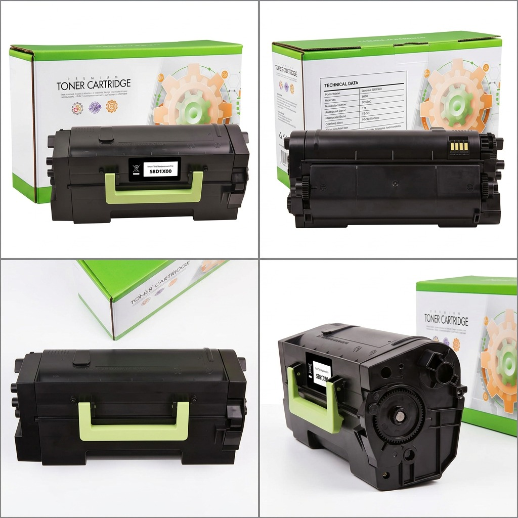 A PDP matrix displaying four images of the Static Control Lexmark 58D1X00 toner cartridge and its box, each from a unique angle: front-right, side-left, rear, and top-down.