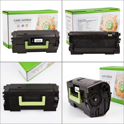 A PDP matrix displaying four images of the Static Control Lexmark 58D1X00 toner cartridge and its box, each from a unique angle: front-right, side-left, rear, and top-down.