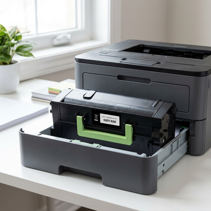 A highly detailed photograph of the Static Control S8D1X00 toner cartridge, showing the light green handle and white "SD8D1X00" label with the waste bin icon, placed neatly on an open, metal-topped desk next to an laser printer in a neutral office setting. The cartridge is oriented with the label clearly visible, as if ready for insertion. Natural daylight coming from a generic industrial window creates soft highlights on the plastic surfaces. The background is softly blurred.