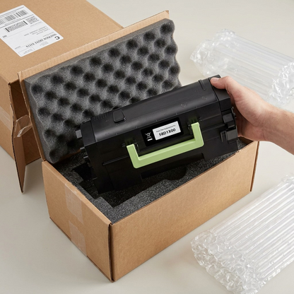 A protected Static Control Lexmark-58D1X00 toner cartridge being unboxed, nestled in custom foam.