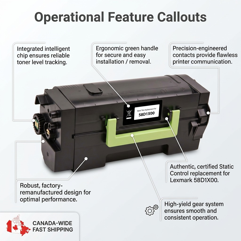 Operational features infographic for a Static Control Lexmark 58D1X00 toner cartridge.