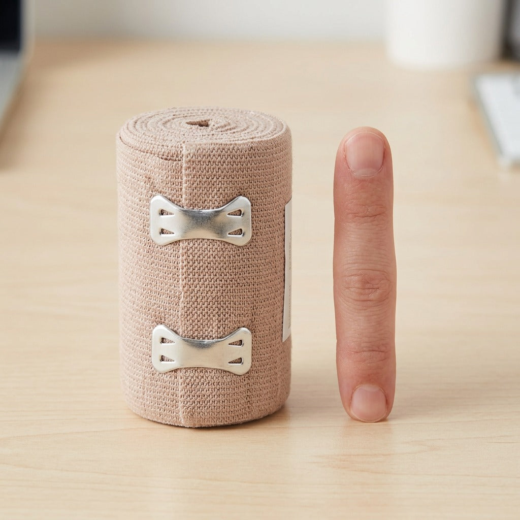 Elastic compression bandage roll shown next to a human index finger for scale.