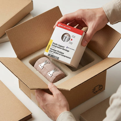 A close-up unboxing scene of a box, revealing the First Aid Central elastic bandage securely nestled in foam.