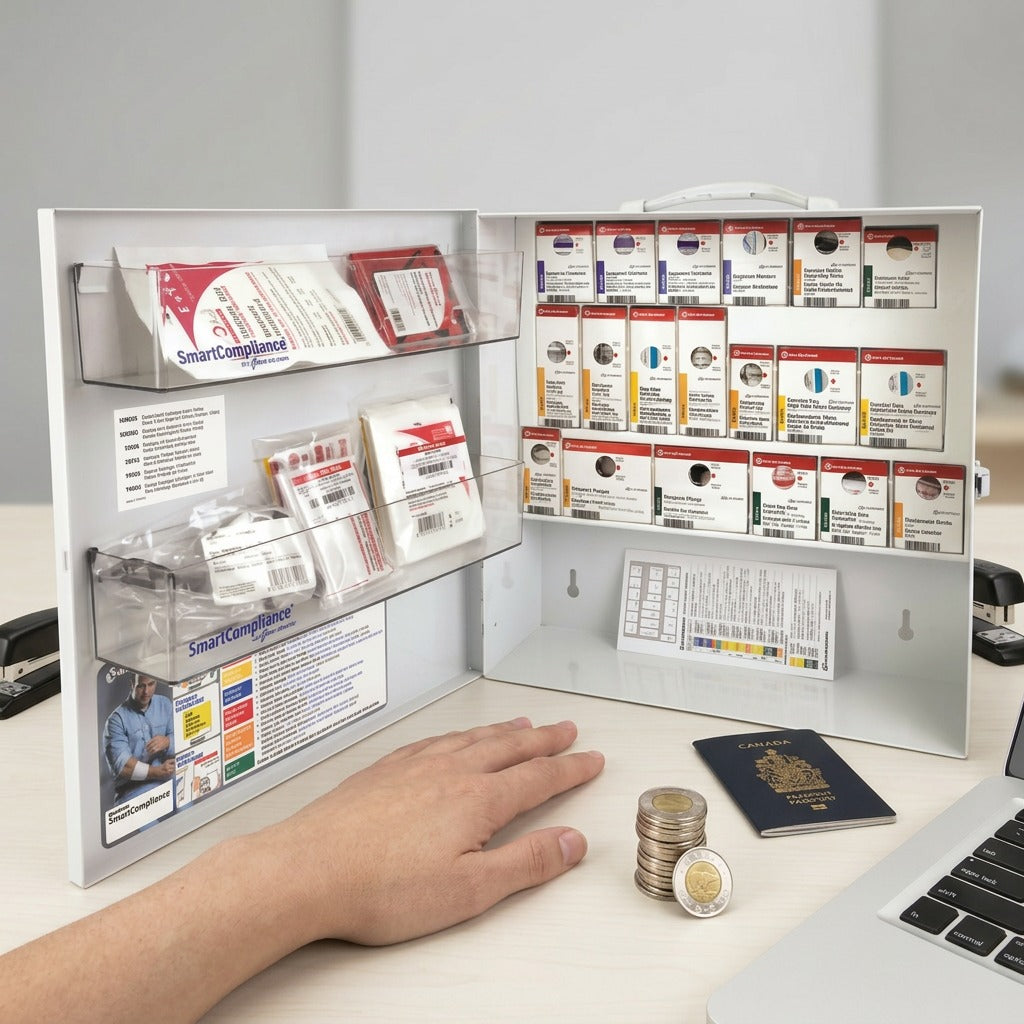 FirstAidCentral SmartCompliance cabinet with coins and passport, on a desk, showing correct scale.