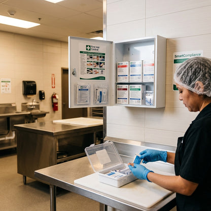 Environmental lifestyle view of the First Aid Central CSA Type 2 Small Food Production kit open on a stainless steel counter and mounted.