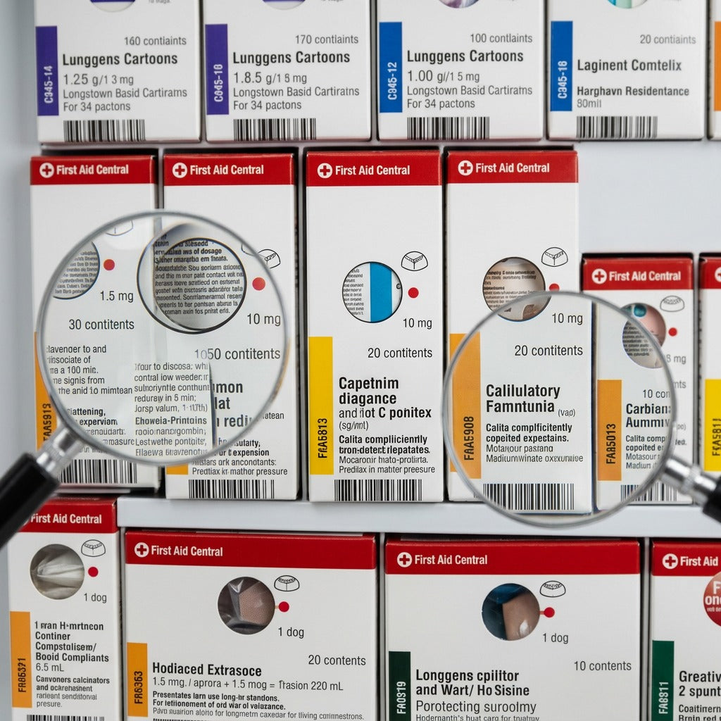 A macro view of the First Aid Central kit with two magnifying glasses over several small cartons.