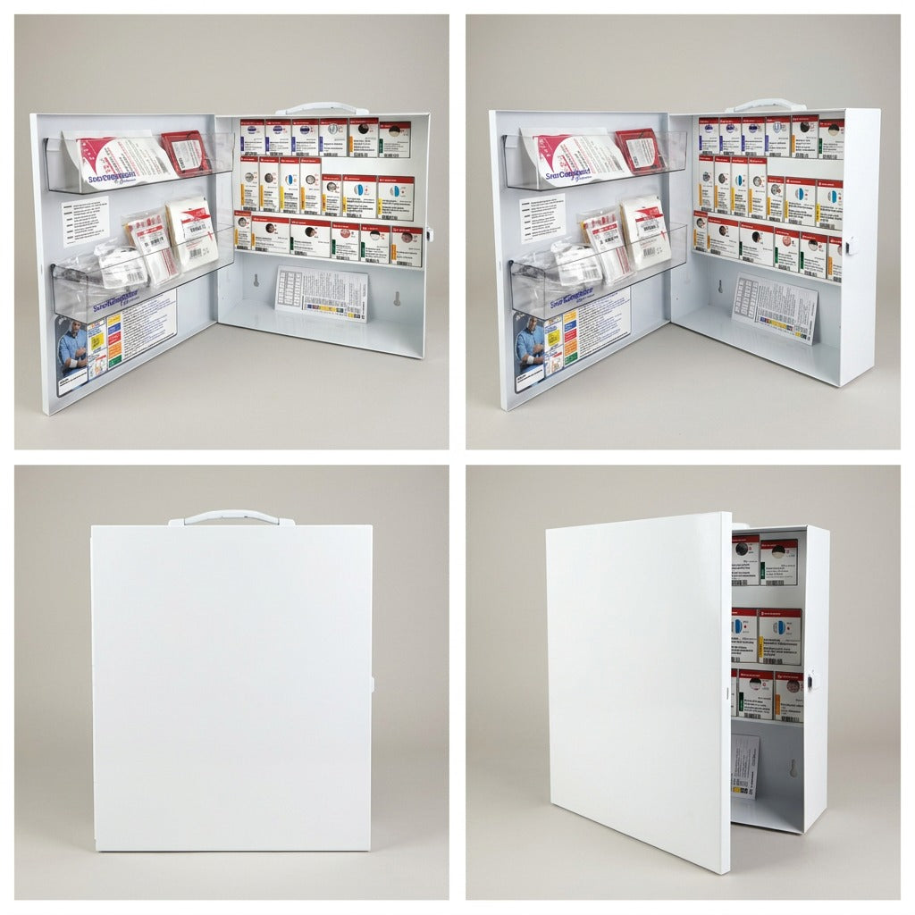 A 2x2 grid showing closed, open, and slightly rotated views of the white CSA Type 2 Basic first aid cabinet.