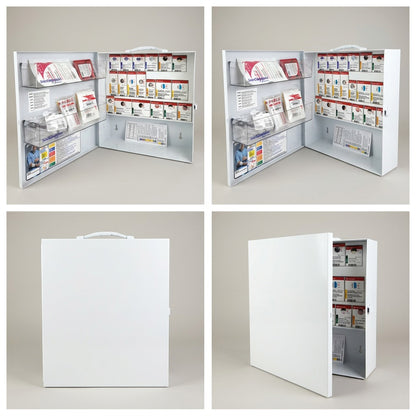 A 2x2 grid showing closed, open, and slightly rotated views of the white CSA Type 2 Basic first aid cabinet.