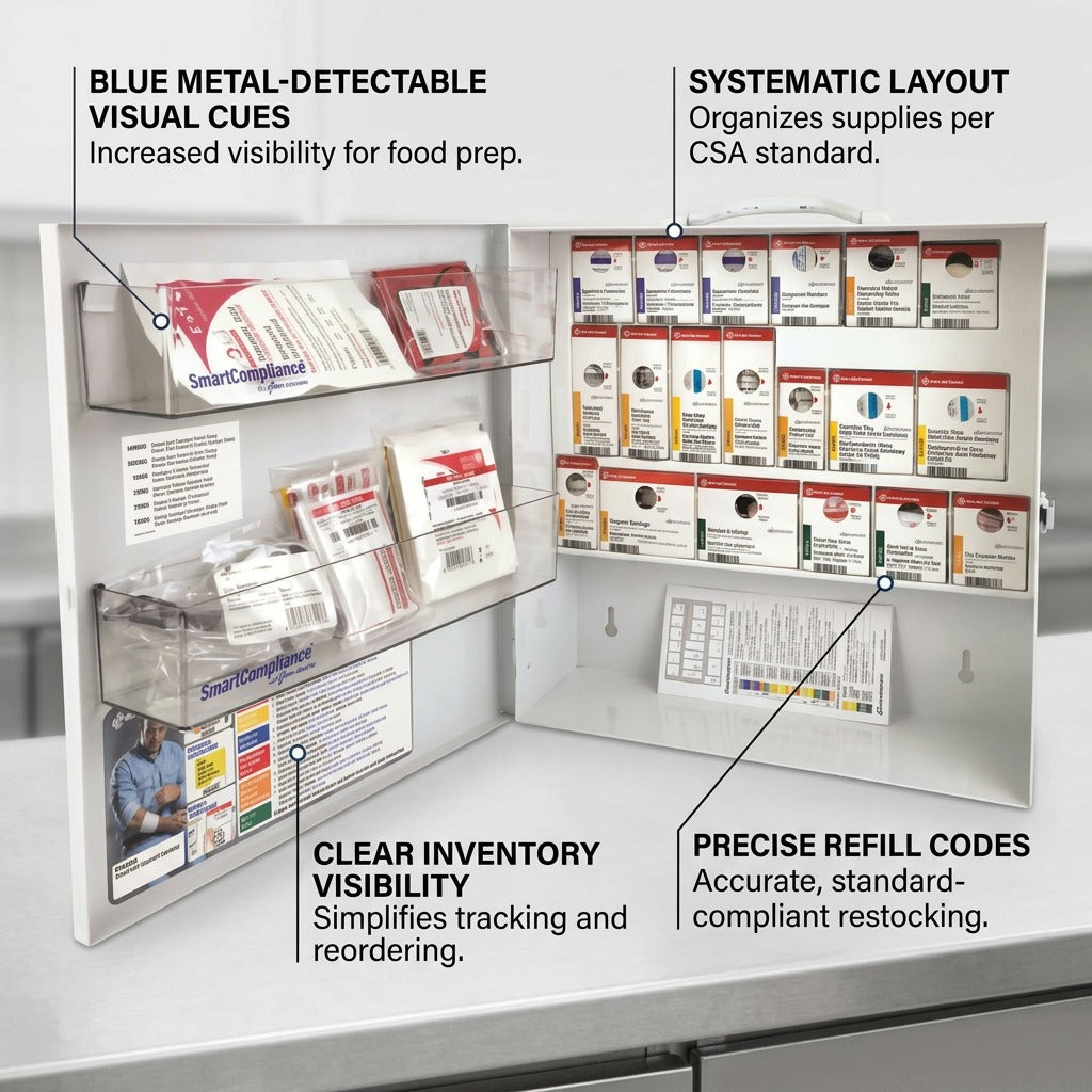 Feature callout graphic of an open food production first aid cabinet with labels for visual cues and compliance organizing.