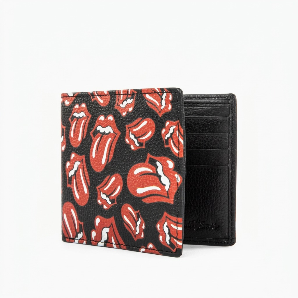High-resolution hero shot of the opened Bugatti Rolling Stones bifold wallet on a pure white background.