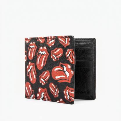 High-resolution hero shot of the opened Bugatti Rolling Stones bifold wallet on a pure white background.