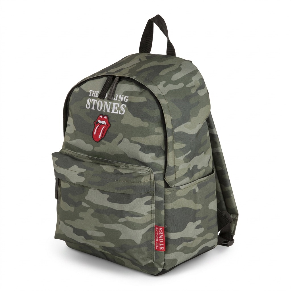 Pure studio hero shot of the green camouflage Rolling Stones backpack with a front logo on a white background.