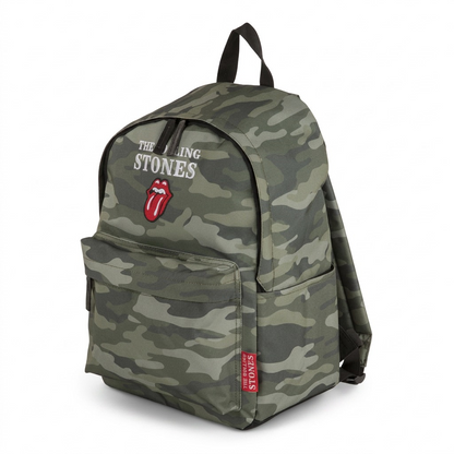 Pure studio hero shot of the green camouflage Rolling Stones backpack with a front logo on a white background.