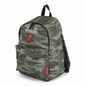 Pure studio hero shot of the green camouflage Rolling Stones backpack with a front logo on a white background.