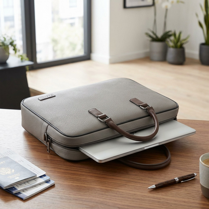 Product photo of the Bugatti contrast briefcase, exact as shown in image_0.png with grey vegan leather and brown trim, sitting open on a polished wood desk. A slim, silver laptop is partly visible inside the main compartment. A set of car keys and a leather notebook are on the desk nearby. Neutral, modern office environment. Natural window light. Shot from a slightly high angle.