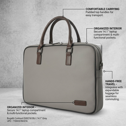 Feature callout graphic of the Bugatti briefcase highlighting handles, interior, and luggage pass-through.