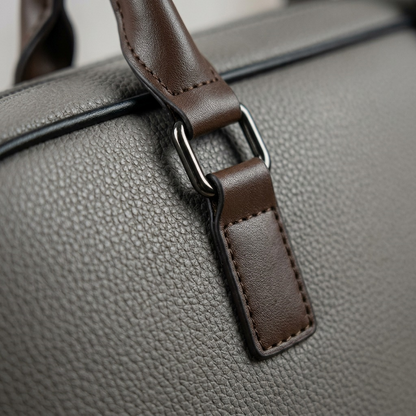 Extreme close-up of the Bugatti contrast briefcase, highlighting the pebble-grain material.