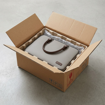 Detailed unboxing scene: open shipping box with foam peanuts, revealing the new Bugatti briefcase wrapped in clear protective film.