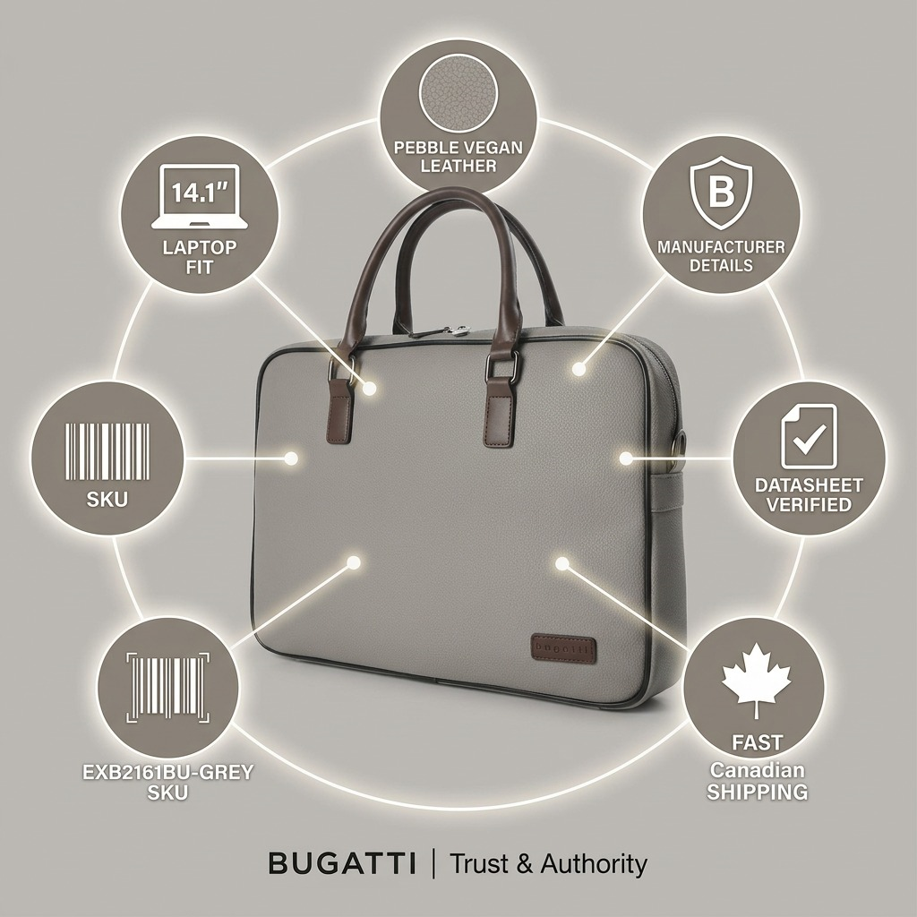 Trust and authority infographic for Bugatti EXB2161BU briefcase with factual feature icons.