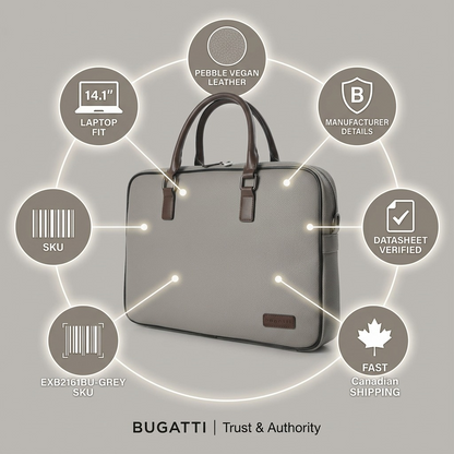 Trust and authority infographic for Bugatti EXB2161BU briefcase with factual feature icons.