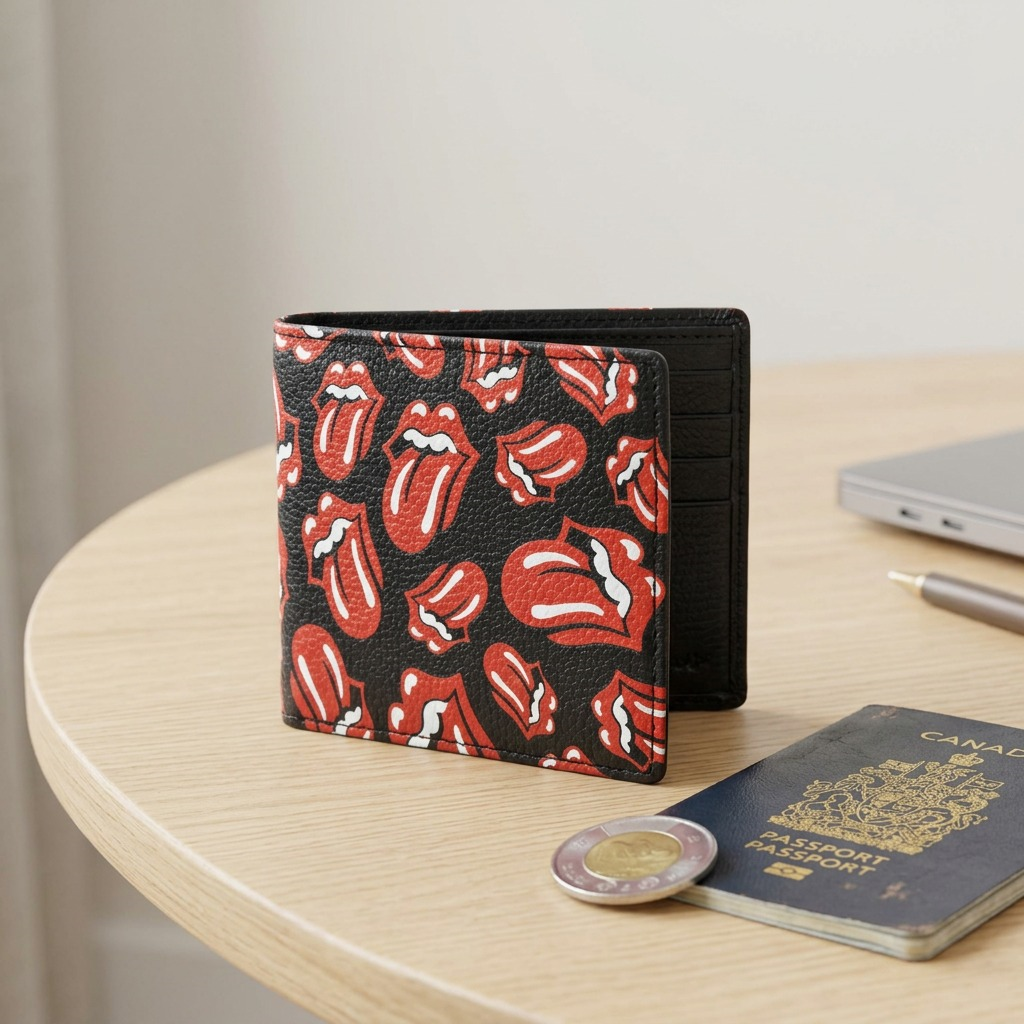 Scale reference showing The Rolling Stones wallet next to a Canadian passport and coin on a wooden desk.