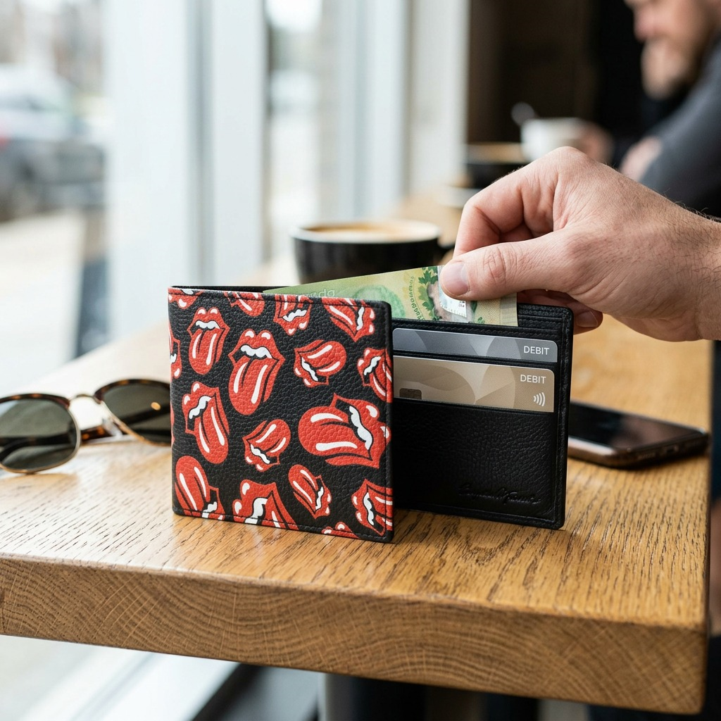 A lifestyle photograph shows the Rolling Stones-themed leather wallet resting on a rustic wooden table top.