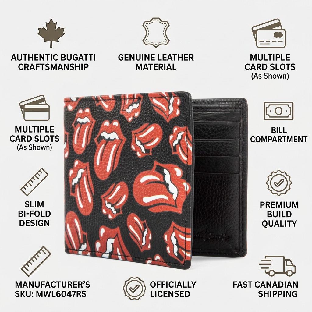 Bugatti Rolling Stones wallet infographic with key features, materials, and shipping info.