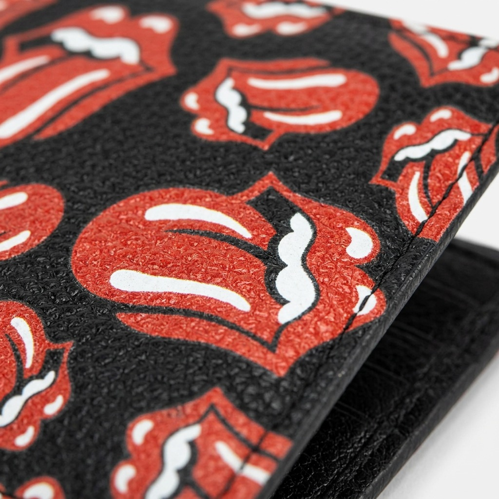 Extreme macro view of the textured leather and a Rolling Stones lip logo.