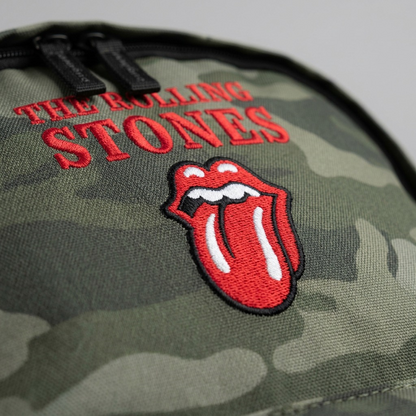 Macro detail of embroidered Rolling Stones tongue logo and "THE ROLLING STONES" text on a camo canvas the back.