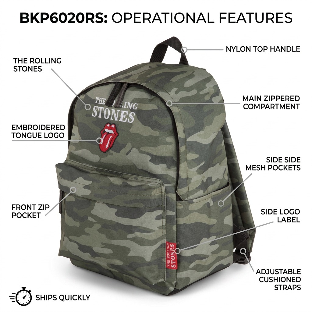 Camo Rolling Stones backpack with operational feature callouts for logo, pockets and straps.