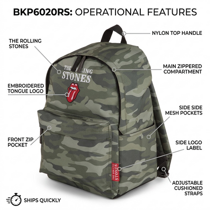 Camo Rolling Stones backpack with operational feature callouts for logo, pockets and straps.