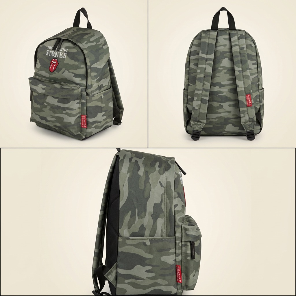 Multi-angle view matrix of 'The Rolling Stones' camo backpack, showing three clean, detailed perspectives.