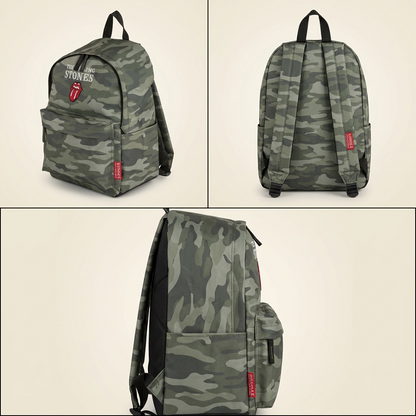 Multi-angle view matrix of 'The Rolling Stones' camo backpack, showing three clean, detailed perspectives.