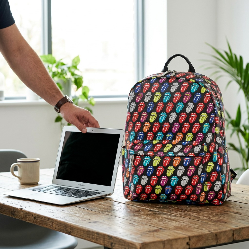 An indoor lifestyle photo showing the Rolling Stones backpack next to a 13-inch laptop and a commuter train window.