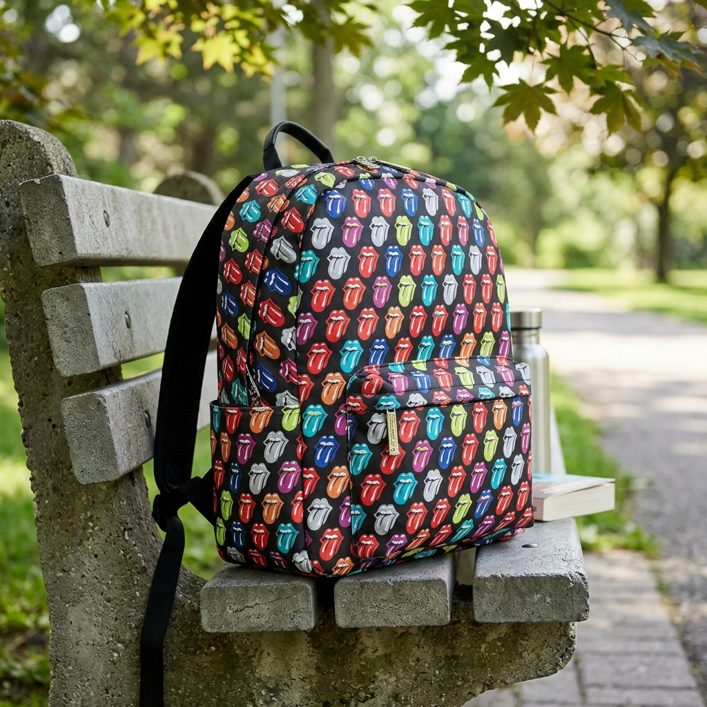 Elevated lifestyle photo of The Rolling Stones backpack on a park bench.