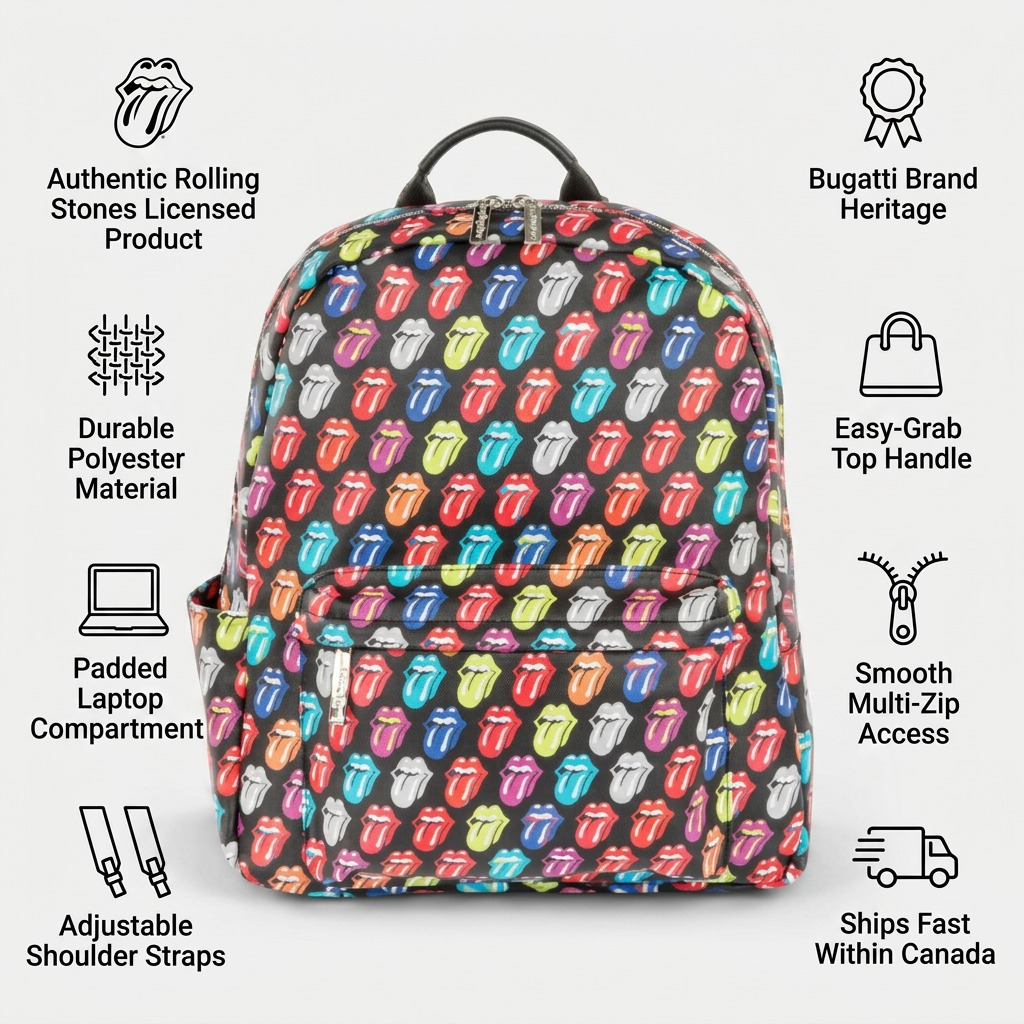 Visual infographic matrix for Bugatti BKP6003RS The Rolling Stones backpack, featuring trust icons for durability, authenticity, design, and fast Canadian shipping.