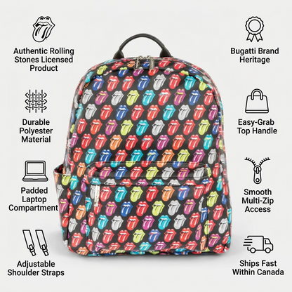Visual infographic matrix for Bugatti BKP6003RS The Rolling Stones backpack, featuring trust icons for durability, authenticity, design, and fast Canadian shipping.