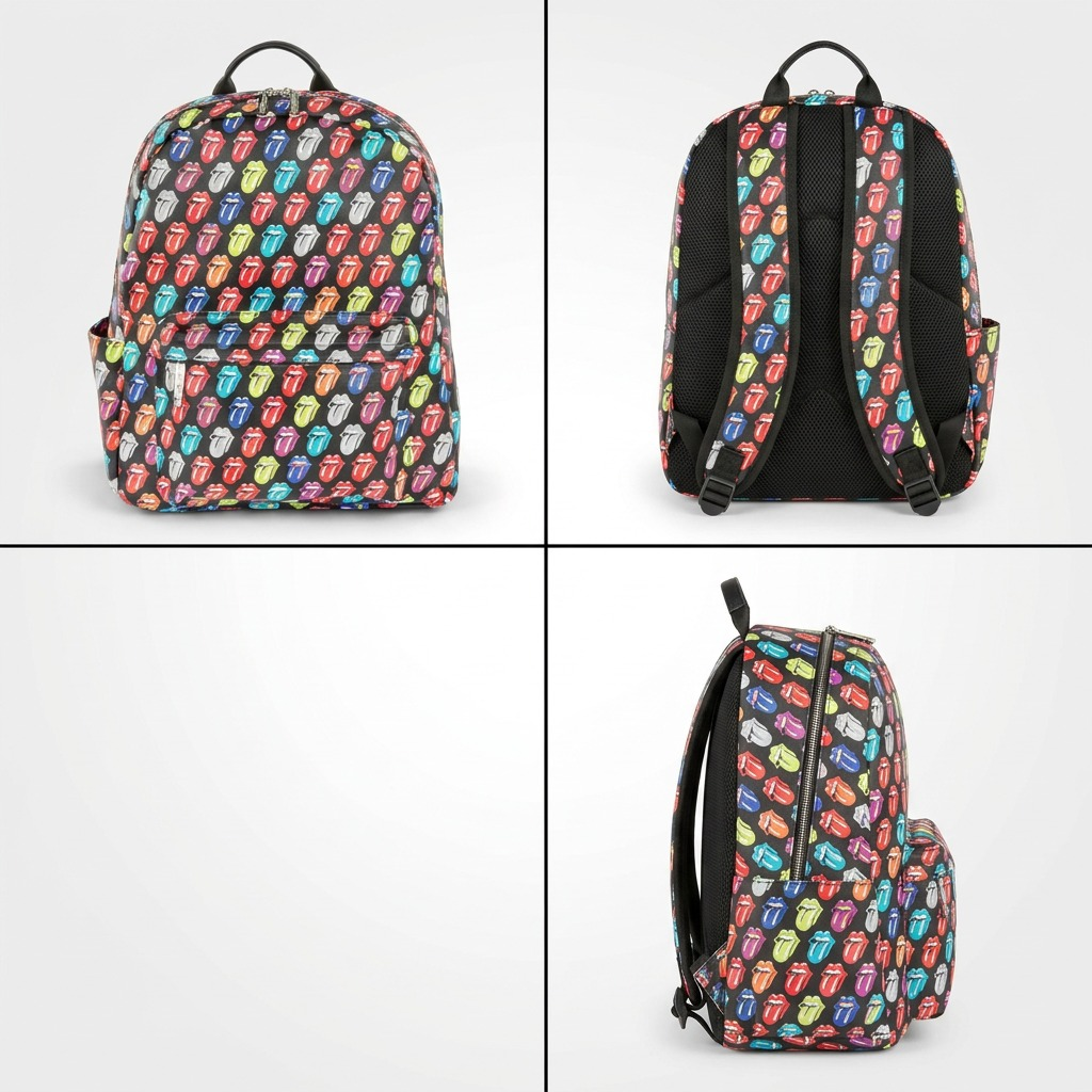 A premium ecommerce grid showing the Bugatti Rolling Stones backpack from front, back, and side angles.