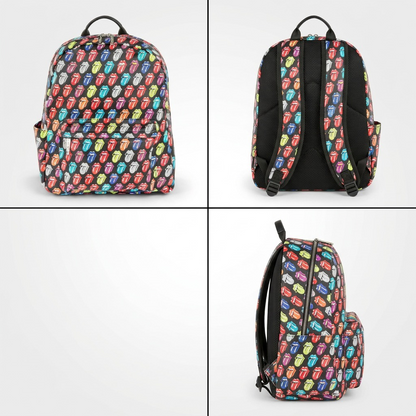 A premium ecommerce grid showing the Bugatti Rolling Stones backpack from front, back, and side angles.
