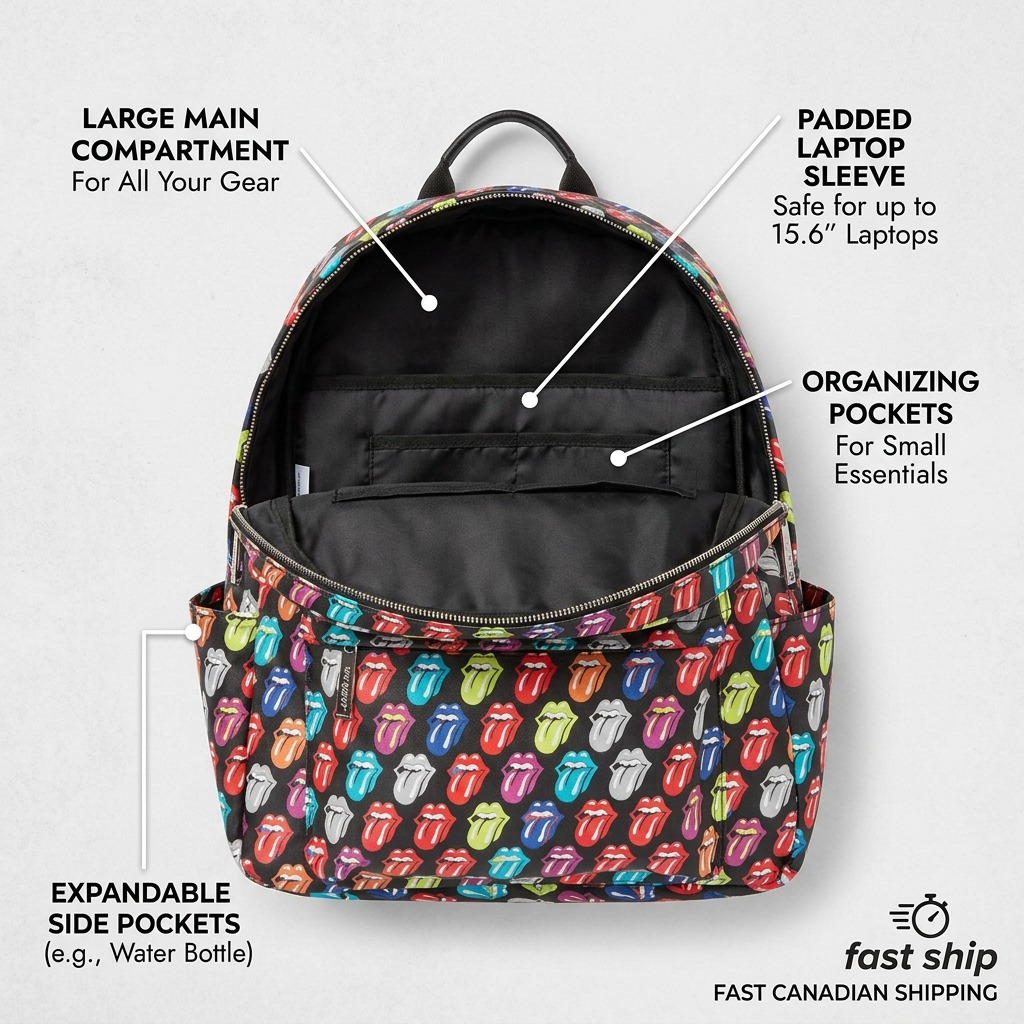 A detailed product feature diagram for the Bugatti Rolling Stones backpack, highlighting its key operational compartments and laptop storage.