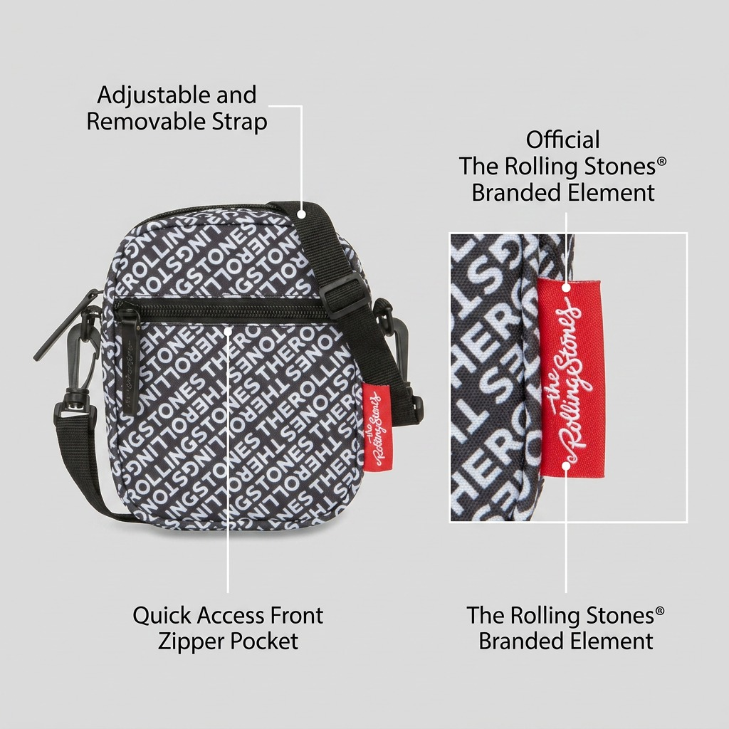 Operational features image for Bugatti Rolling Stones crossbody showing strap, pocket, and brand tag.