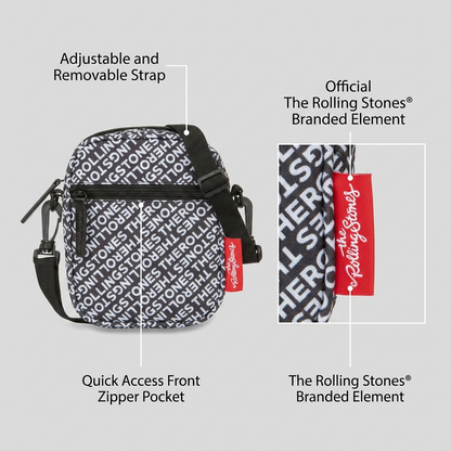 Operational features image for Bugatti Rolling Stones crossbody showing strap, pocket, and brand tag.