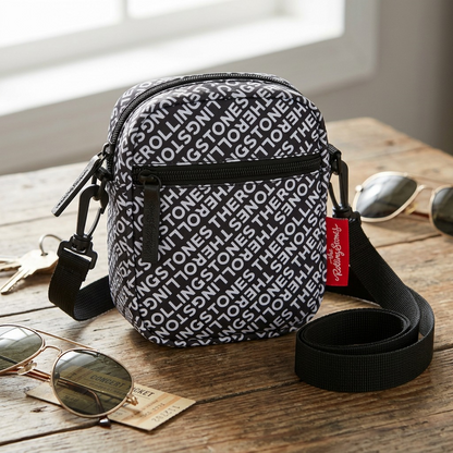 A lifestyle image featuring the black The Rolling Stones branded crossbody bag resting on a table, ready for use.