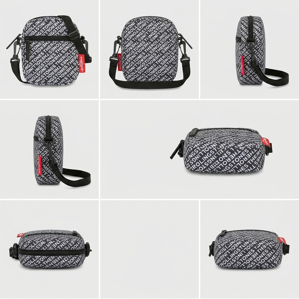 A matrix of six views showing the front, back, both sides, top, and bottom of The Rolling Stones crossbody bag.