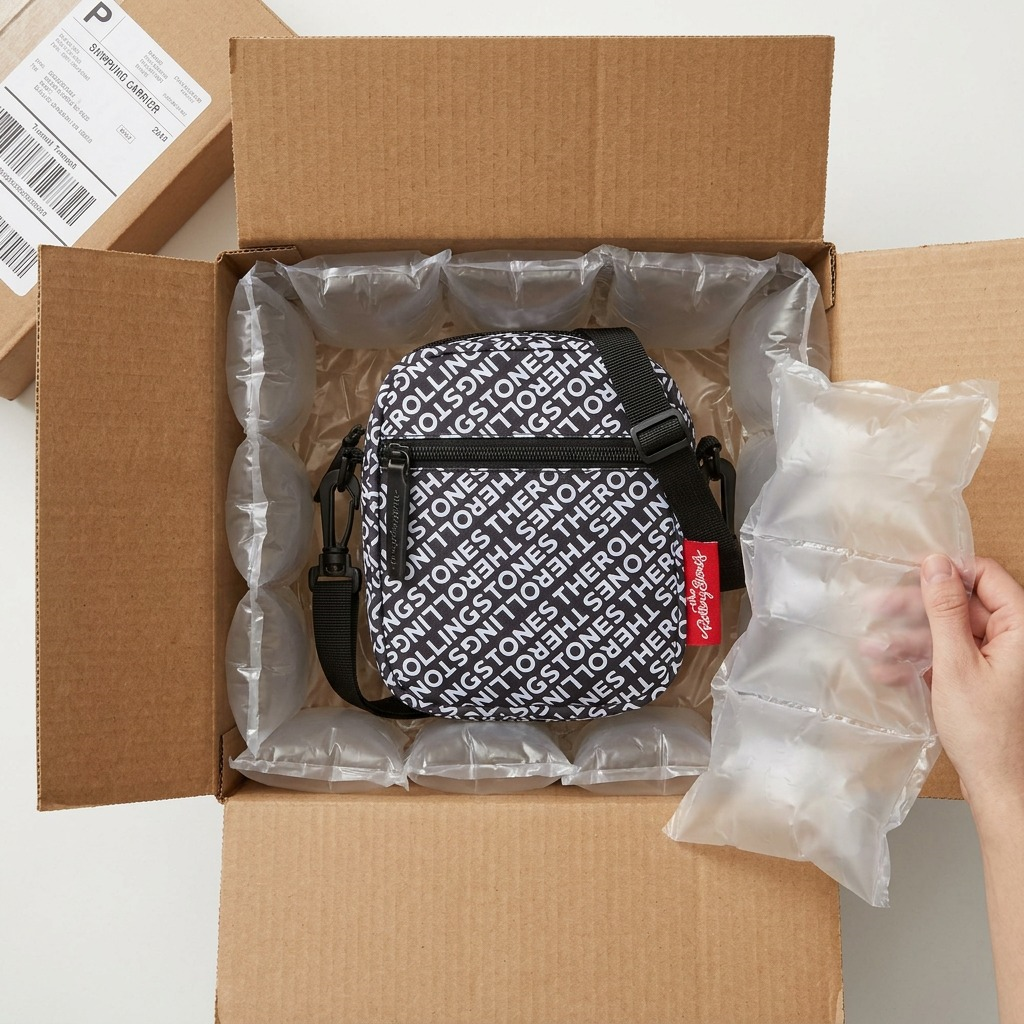 A top-down view of a cross-body bag nestled securely in a cardboard box, surrounded by protective air pillows for safe transit. The bag features a black background patterned repeatedly with "The Rolling Stones" in white text and has a prominent red fabric tag with "The Rolling Stones" logo attached. It fits precisely into the shipping enclosure.