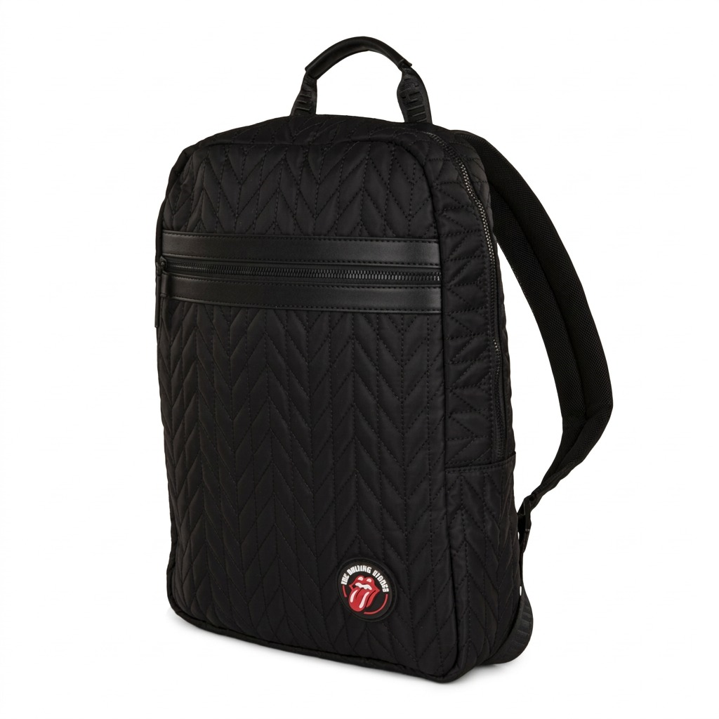 A premium, high-resolution hero shot of the **Bugatti Rolling Stones Iconic Backpack (BKP6066RS)**, showing its full-front quilted nylon construction and signature red tongue logo.