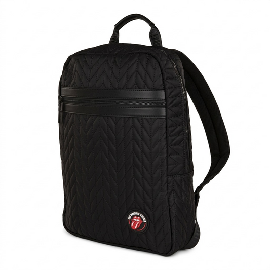 A premium, high-resolution hero shot of the **Bugatti Rolling Stones Iconic Backpack (BKP6066RS)**, showing its full-front quilted nylon construction and signature red tongue logo.