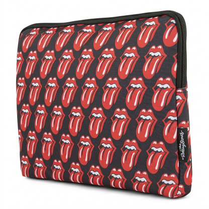 A pristine high-resolution hero shot of The Rolling Stones Core Laptop Sleeve 15.6" against a pure white background. The front shows an all-over repeating pattern of the iconic red tongue and lips logo on a sleek black polyester fabric. A black zipper outlines the top edge, and the subtle "The Rolling Stones" label is visible on the side for brand authenticity. Shot at eye level with neutral, even lighting.